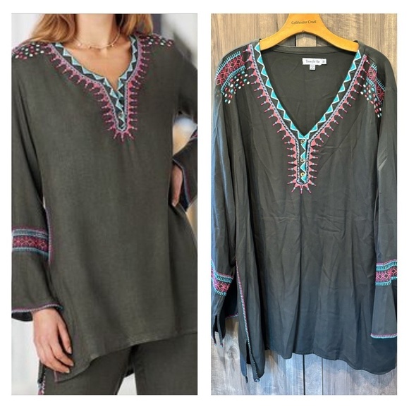 Time for Me 3X Tunic Embroidered Gray Long Bell Sleeves - Picture 1 of 12